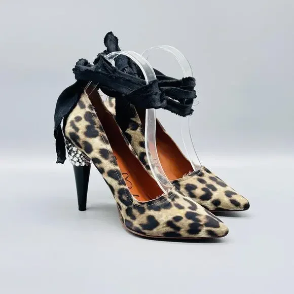 Lanvin x H&M Shoes Womens 6 Brown Pumps Leopard Ankle Wrap Rhinestone Heel - Picture 2 of 10